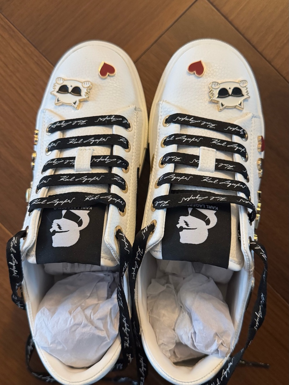 Karl Lagerfeld White Kids Sneakers with Black Accents and Gold Details